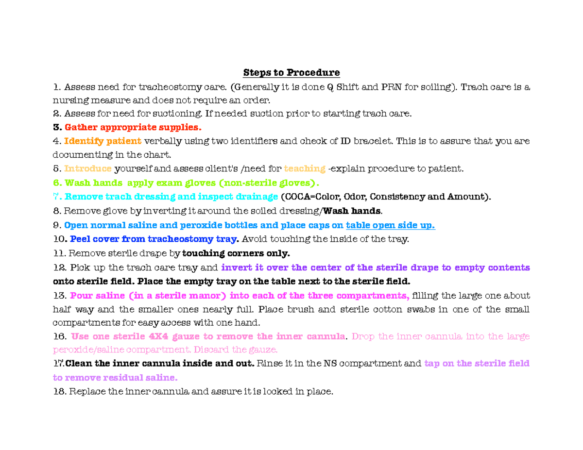 Trach CARE - Steps to Procedure Assess need for tracheostomy care ...