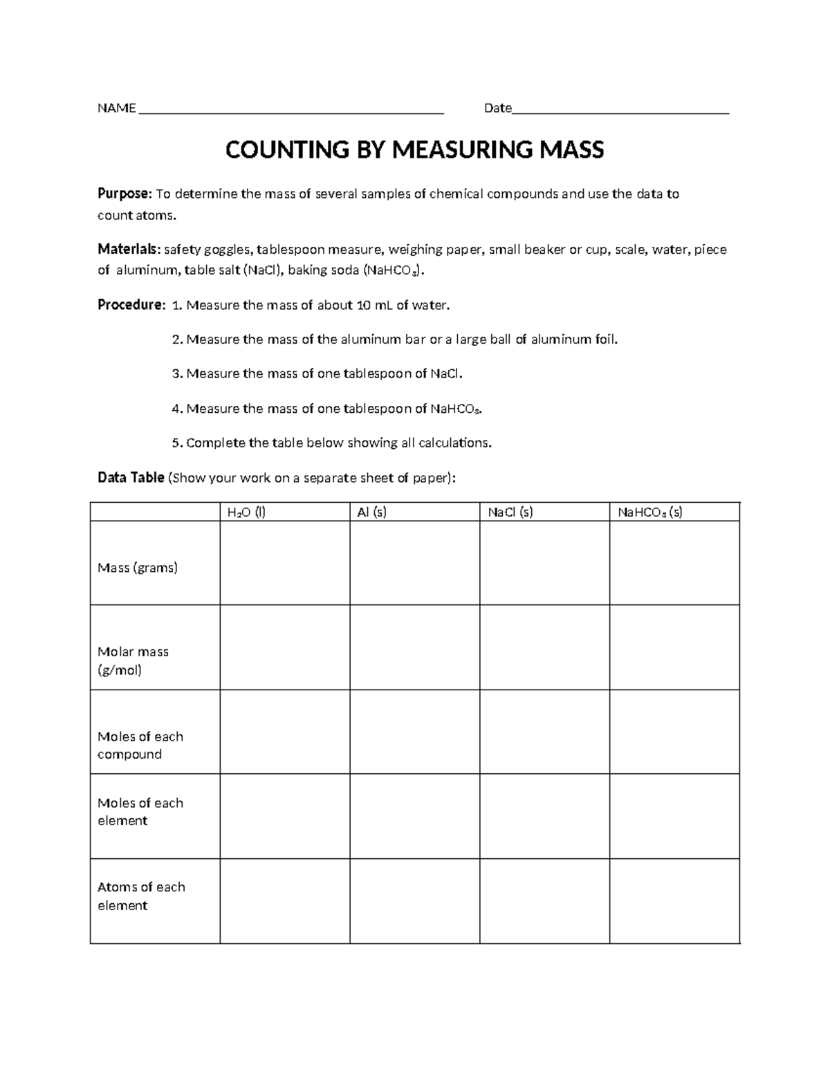 Counting+by+Measuring+Molar+Mass++(8) NAME Date COUNTING BY MEASURING