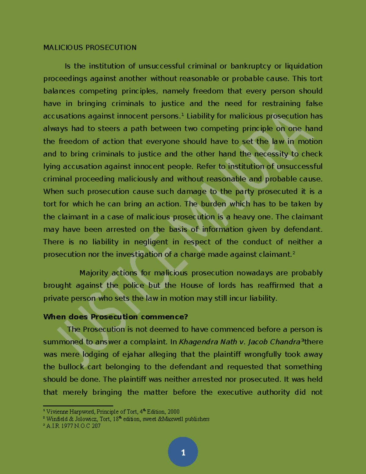 Malicious Prosecution - MALICIOUS PROSECUTION Is the institution of ...