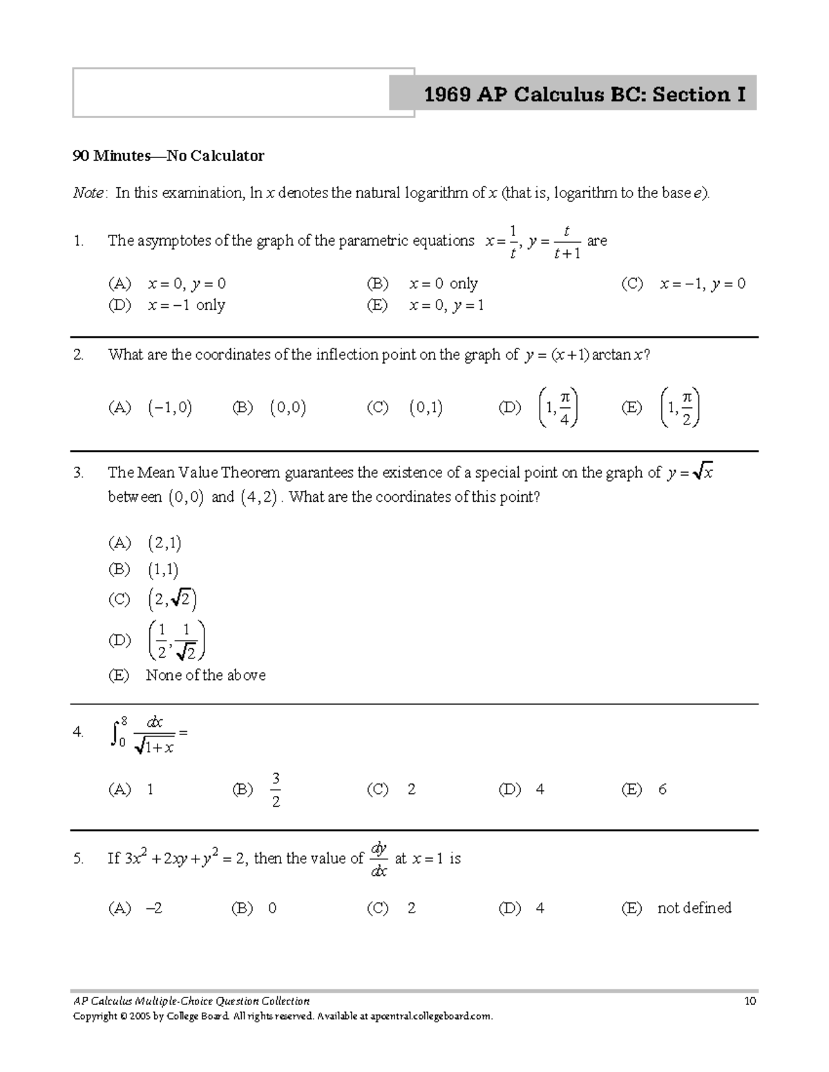 1969 BC MC Exam (with Answers) - AP Calculus Multiple-Choice Question ...