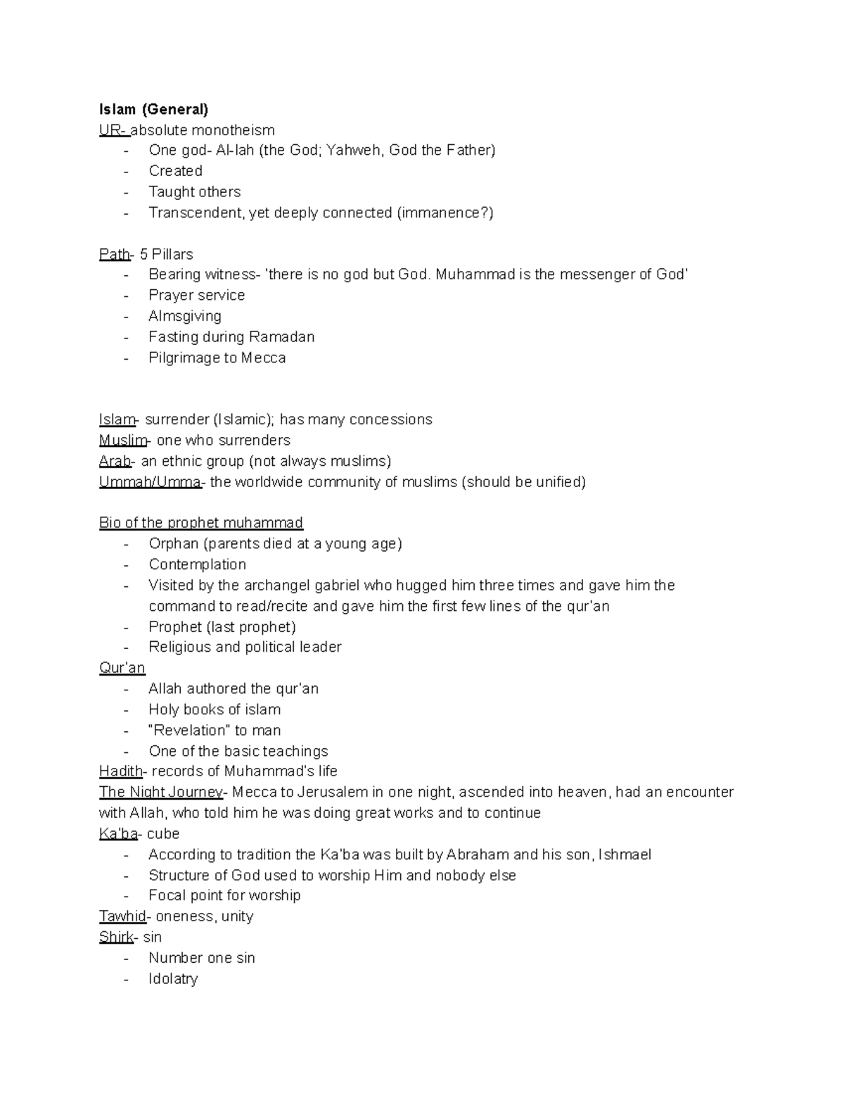 Religion Notes 6 - Islam (General) UR- absolute monotheism - One god ...