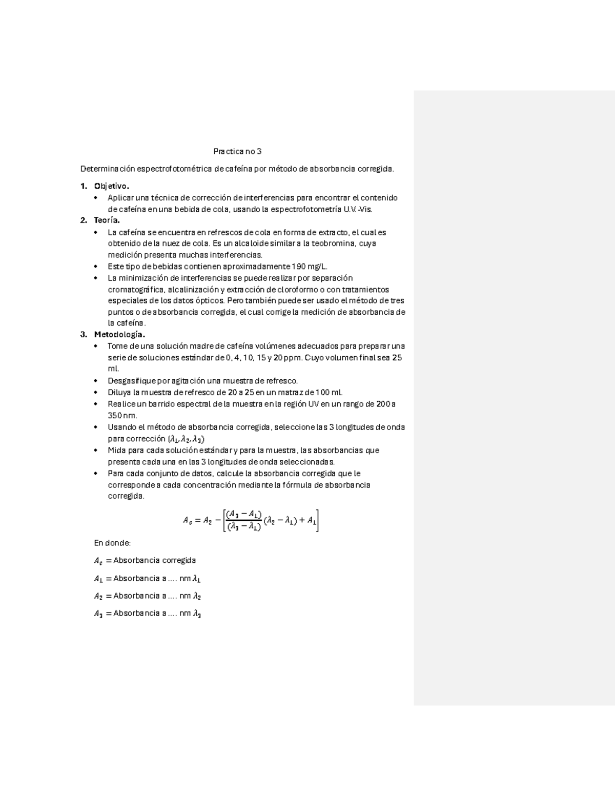 Practica 3. Determinación Espectrofotometrica De Cafeína Por Método De ...