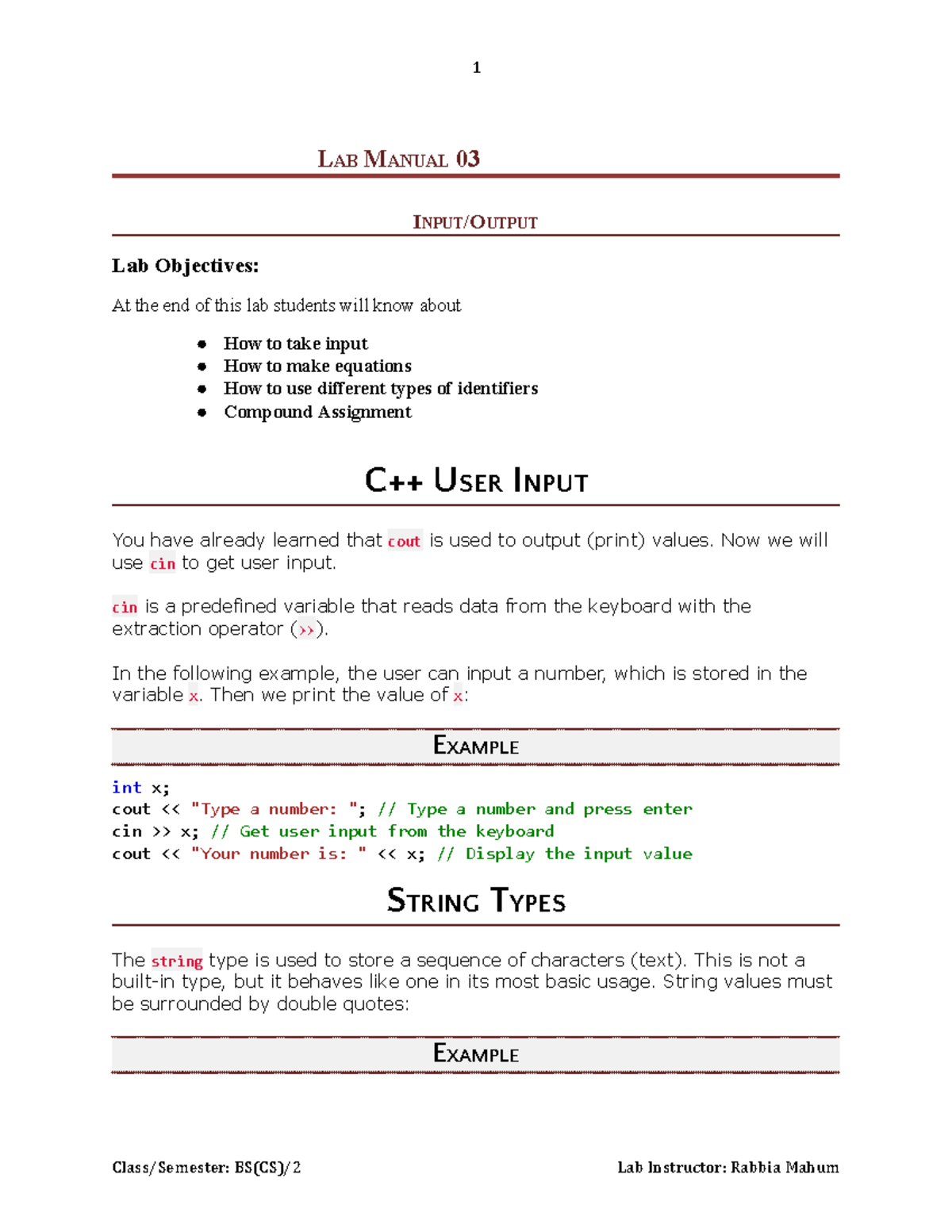 Lab Manual 03 - LAB MANUAL 03 INPUT/OUTPUT Lab Objectives: At the end ...