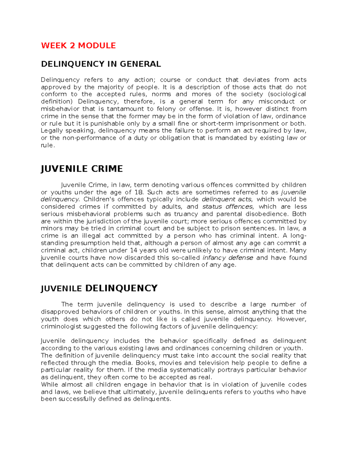 WEEK 2 Topics ( Juvenile Delinquency IN General) - WEEK 2 MODULE ...