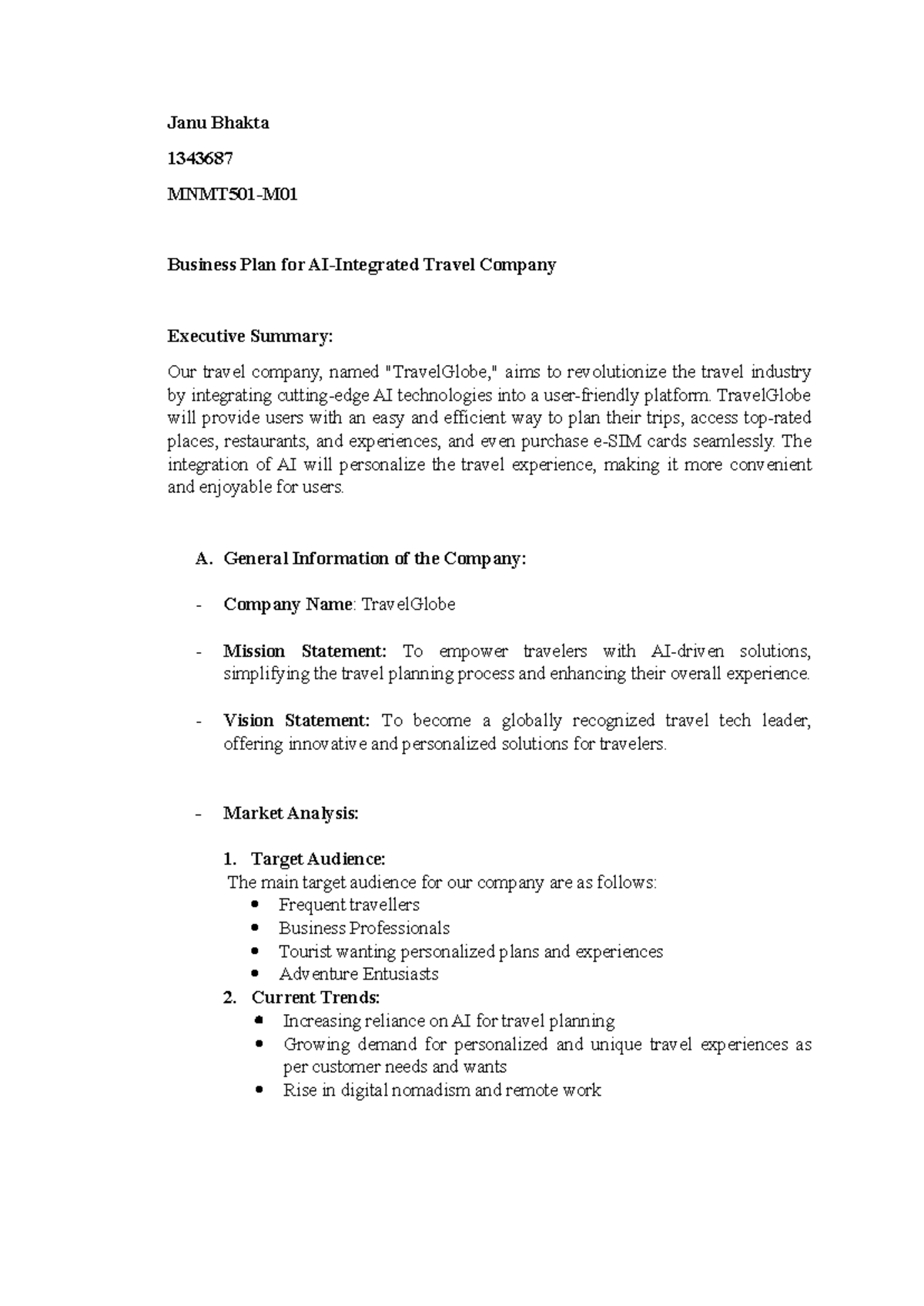 Travel Globe- Business Plan - Janu Bhakta 1343687 MNMT501-M Business ...