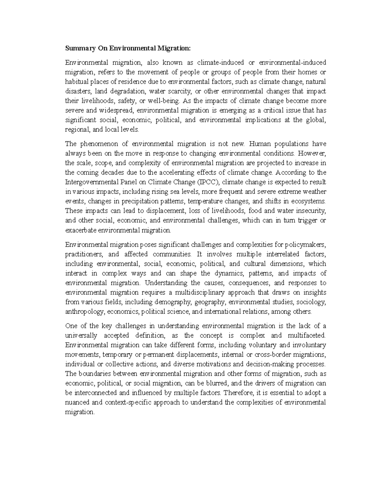 Summary On Environmental Migration - Summary On Environmental Migration ...