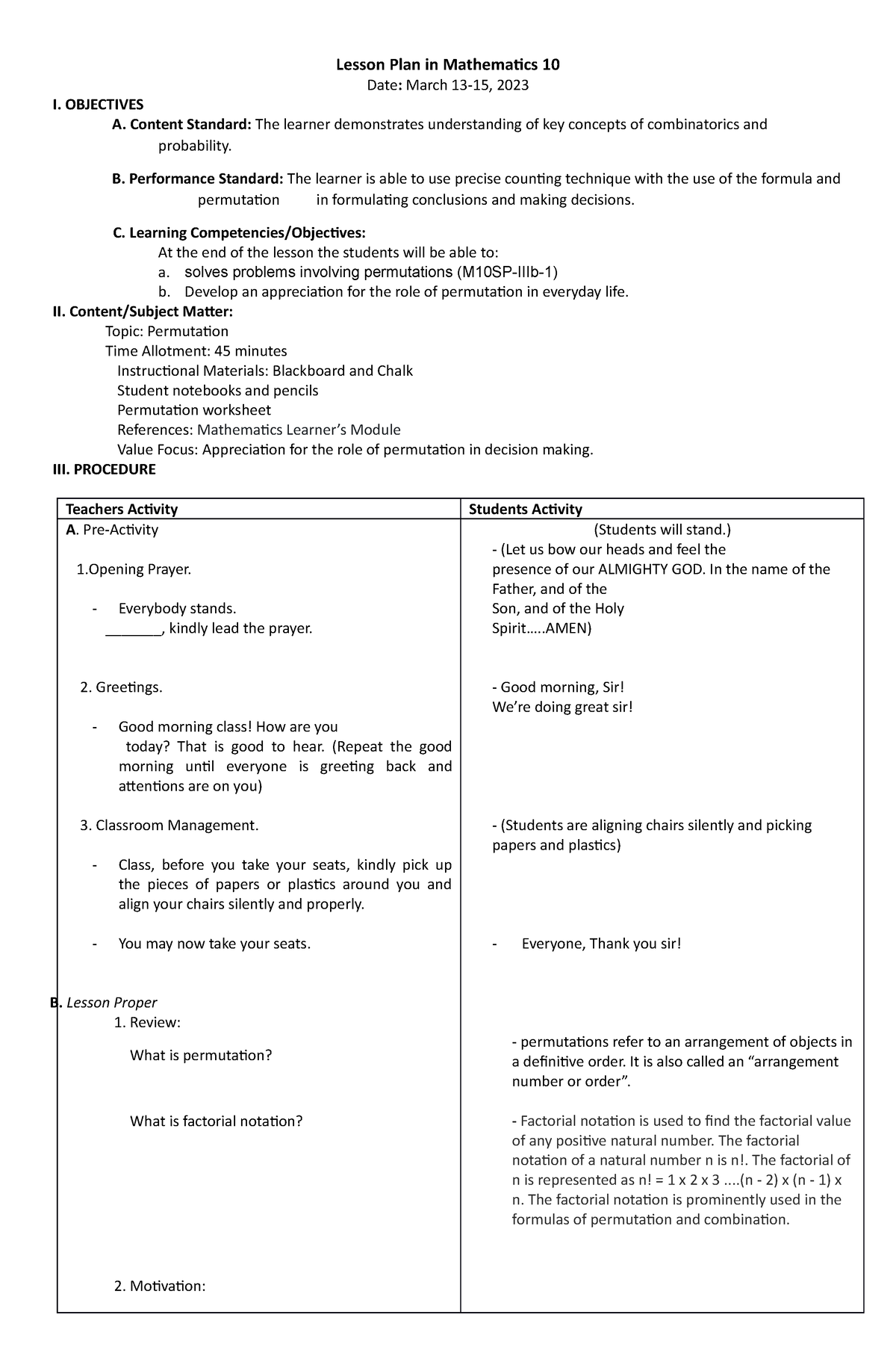 Final Lesson Plan permutation - Lesson Plan in Mathematics 10 Date ...