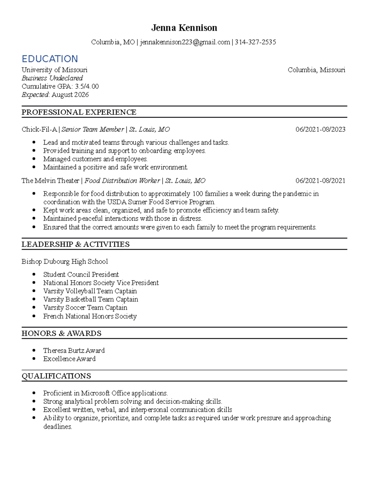Jenna Kennison - Resume Example - Jenna Kennison Columbia, MO ...
