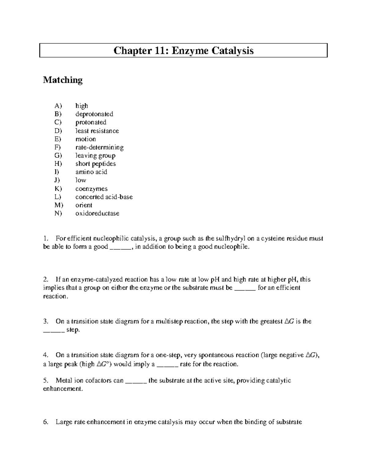 Past Practice Exam - Chapter 11: Enzyme Catalysis Matching A) B) C) D ...