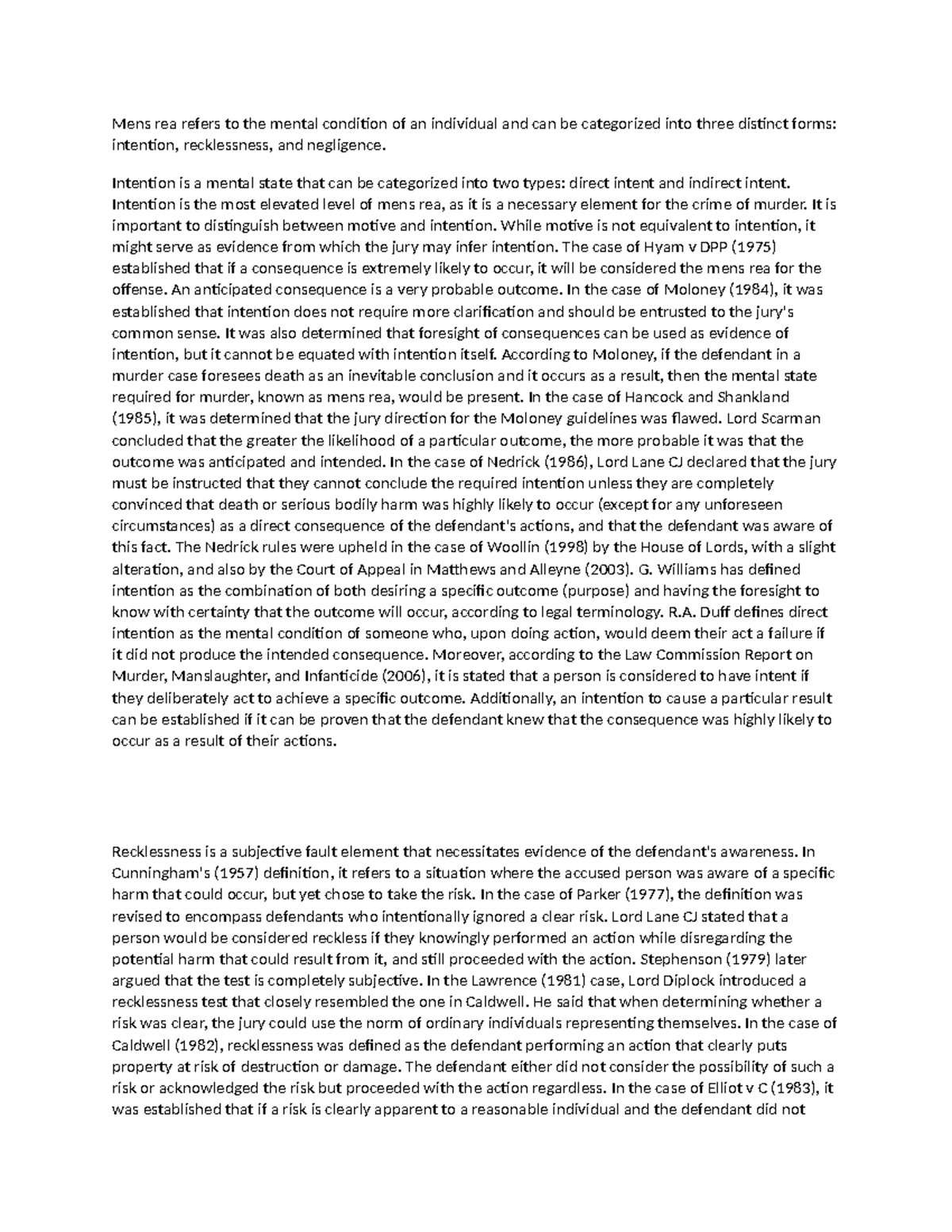 Mens rea A.H example essay - Mens rea refers to the mental condition of ...