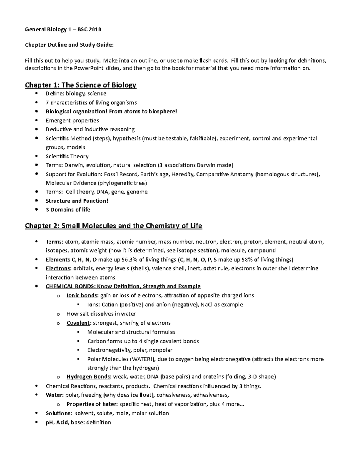 BSC 2010 Study Guide TD 1-2014 - Bio K101 - Immaculata - Studocu