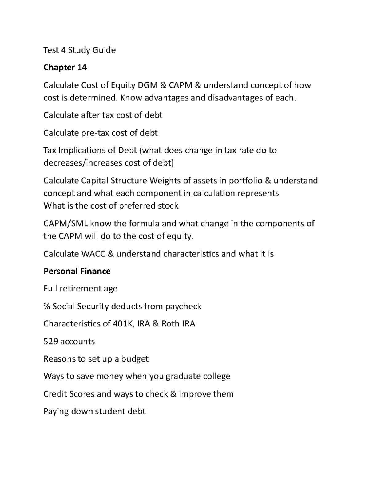 Fin 300 Test 4 Study Guide without answers - Test 4 Study Guide Chapter ...