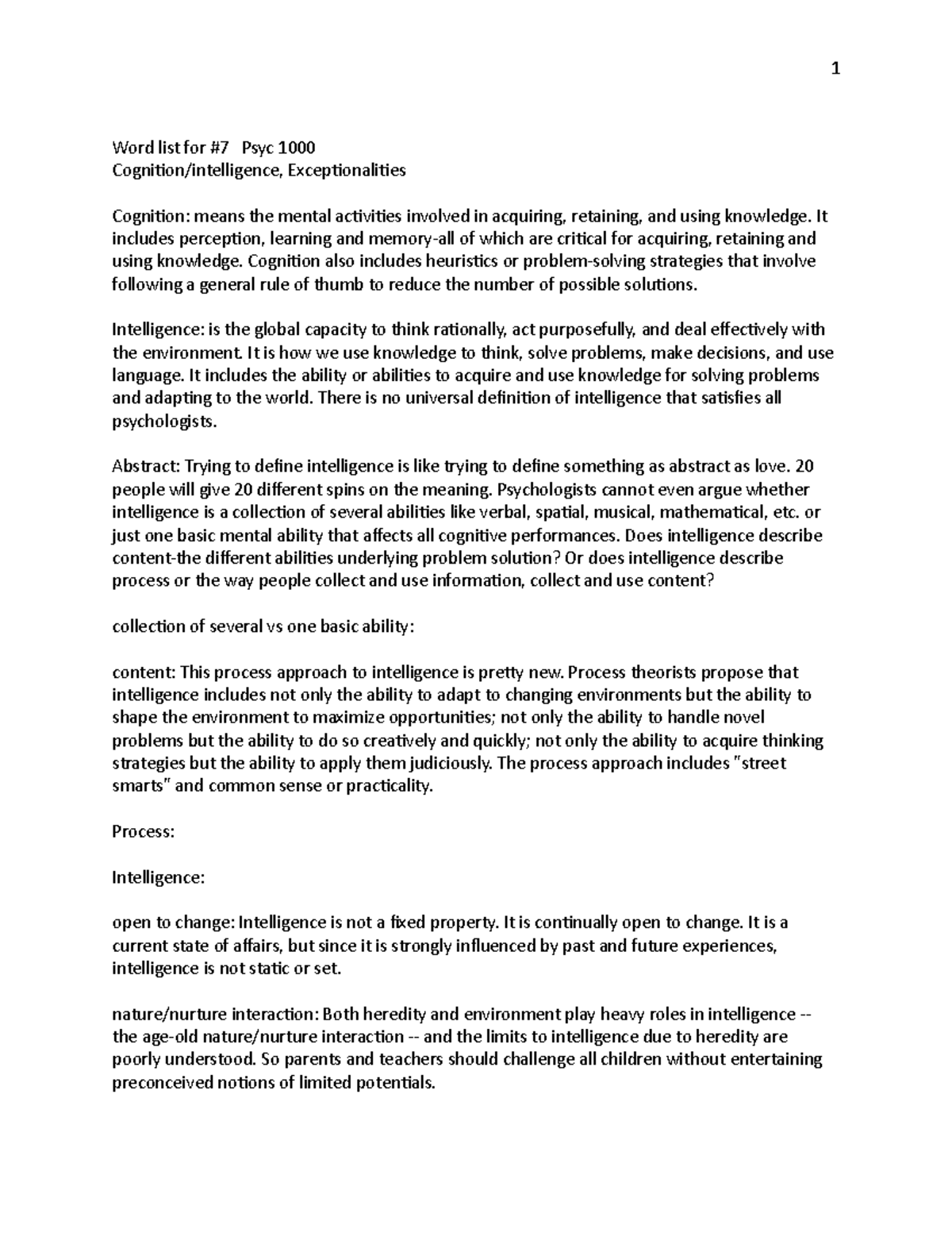 Word list for #7 - Lecture notes. - Word list for #7 Psyc 1000 ...
