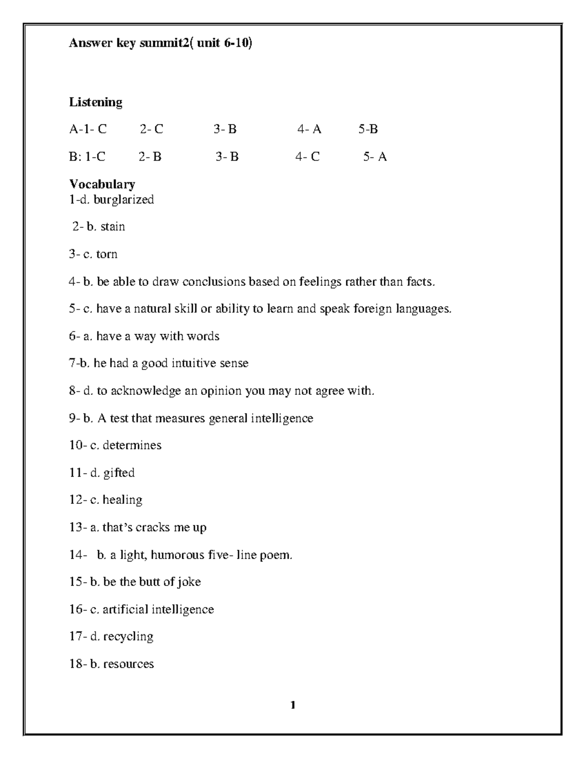 Answer key summit 2 unit 6-10 - Answer key summit2﴾ unit 6-10﴿ 1 ...