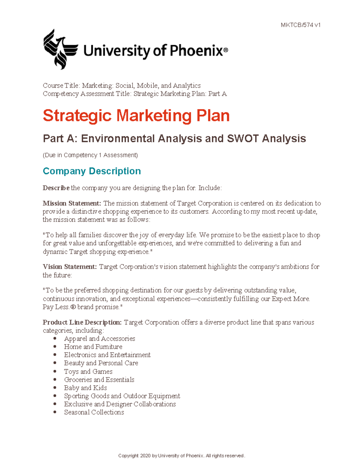 Mktcb 574v1 Stategic Marketing Plan Template 1 - MKTCB/574 V Course ...