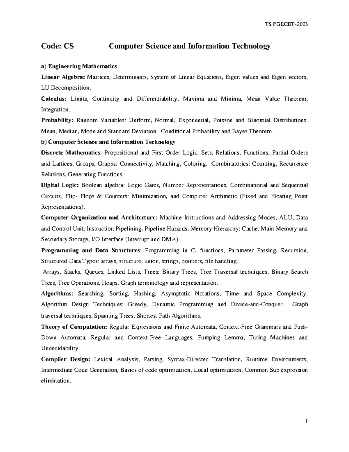 Computer Science and Information Technology (CS) n - TS PGECET- 2023 1 ...