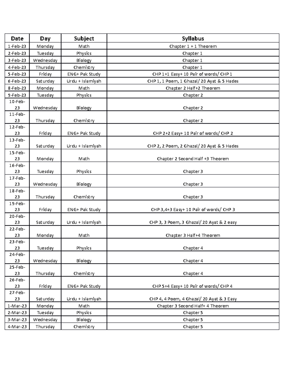 Test Session Planner - About getting knowledge - Date Day Subject ...