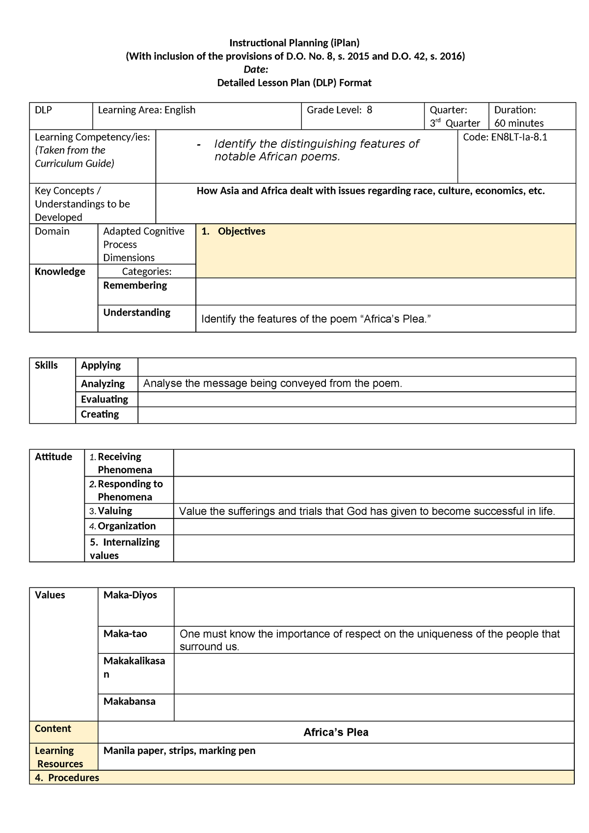 Africa'S PLEA - AFRICA - Instructional Planning (iPlan) (With inclusion ...