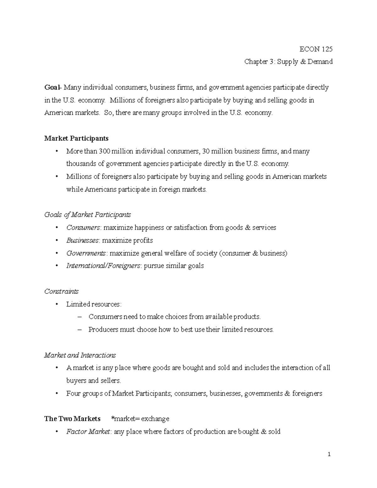 Ch 3- Lecture Notes - ECON 125 Chapter 3: Supply & Demand Goal- Many ...