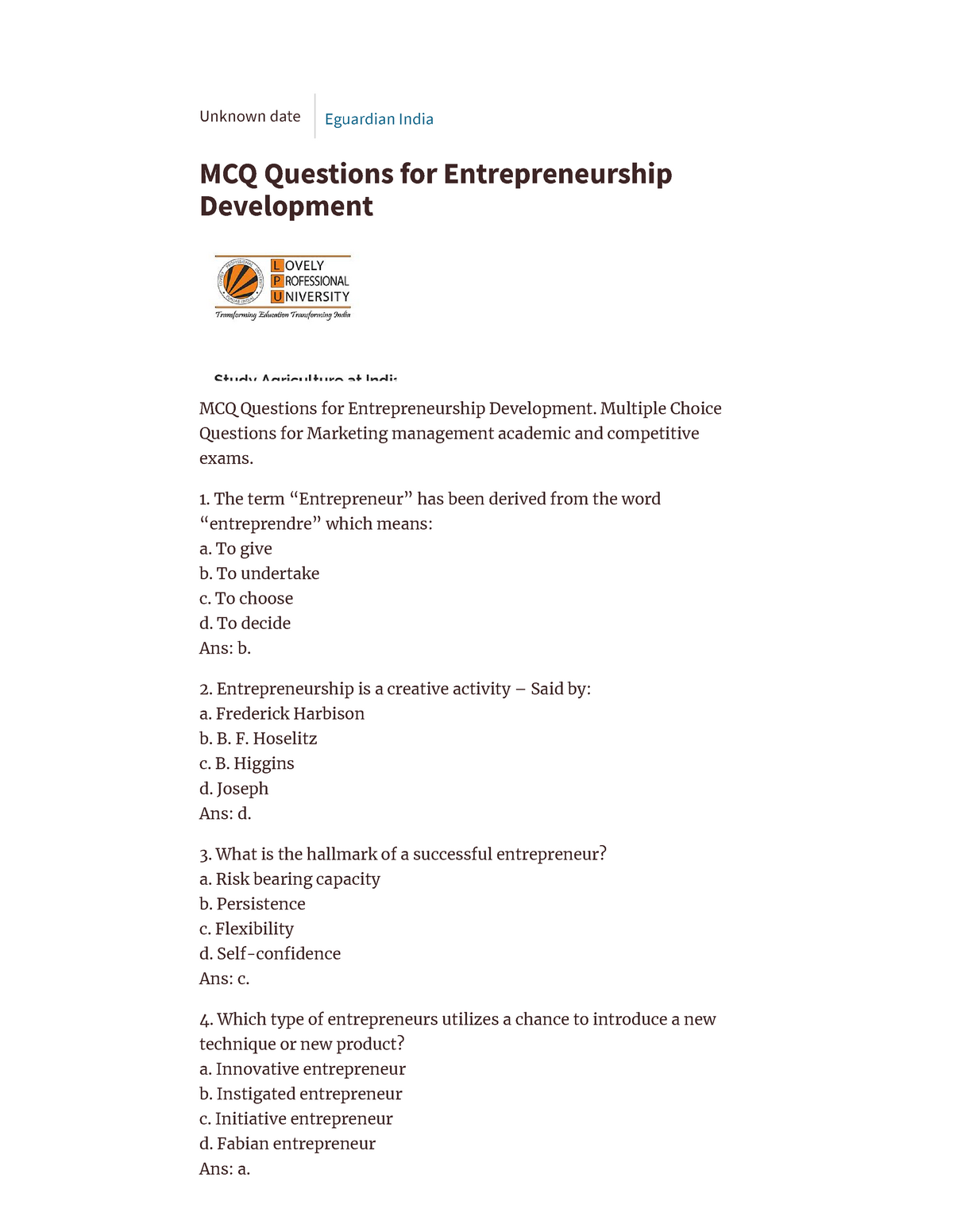 entrepreneurship as innovation and problem solving mcq