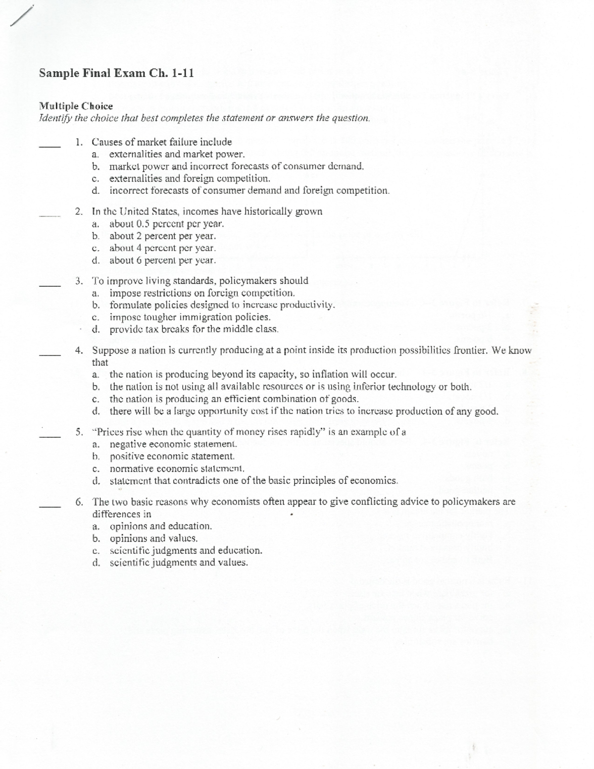 Final exam practice - Sample Final Exam Ch. 1—11 Multiple Choice Identz ...