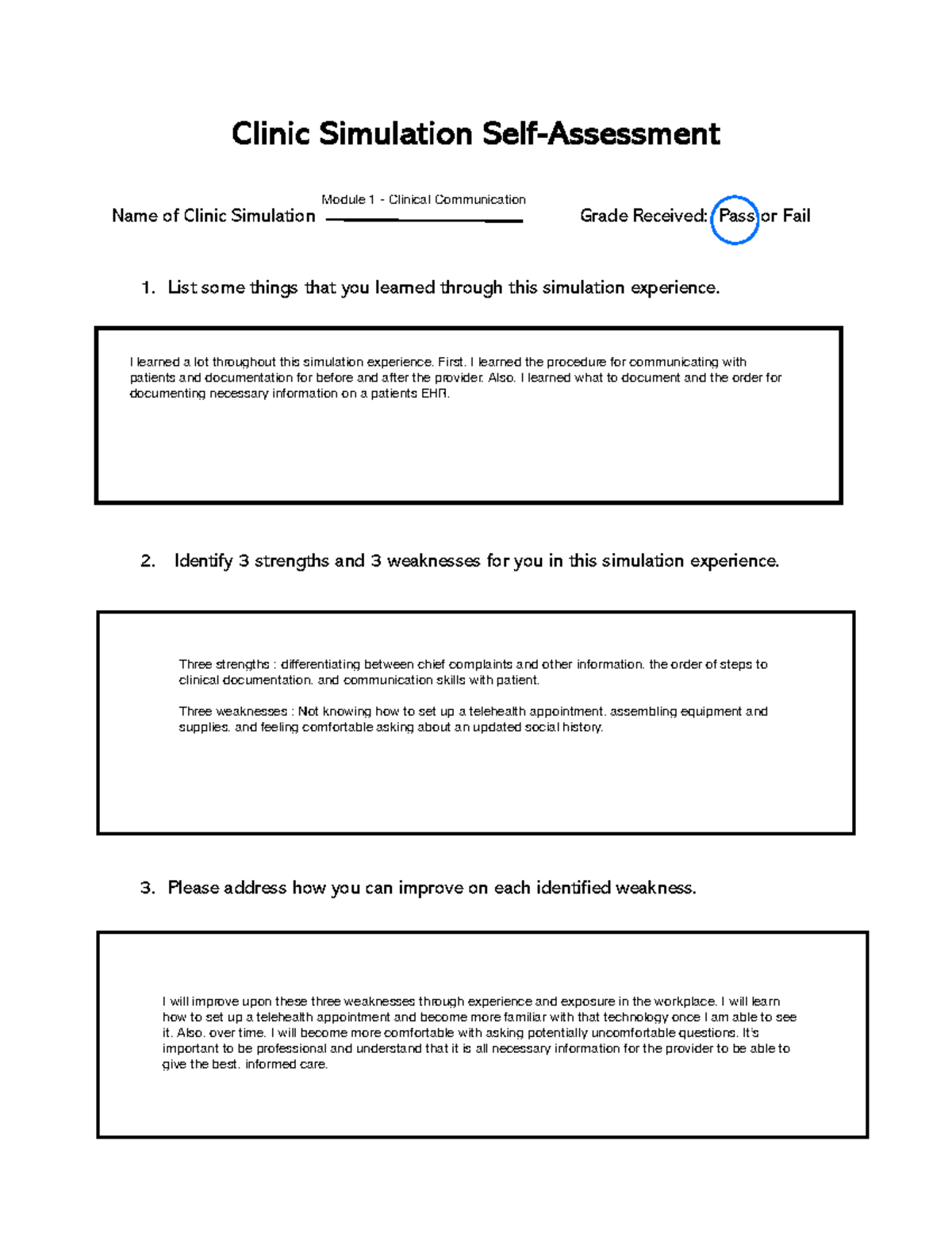 Worksheet - Clinic Simulation Self-Assessment Name of Clinic Simulation ...