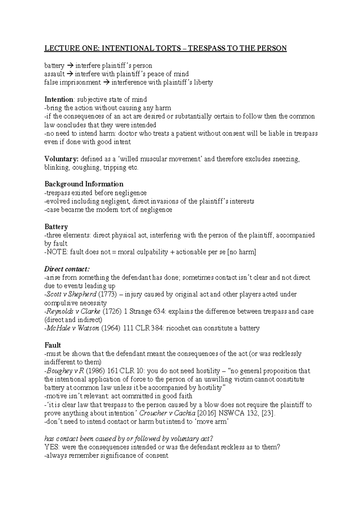 Tort Law Lecture Notes - LECTURE ONE: INTENTIONAL TORTS – TRESPASS TO ...