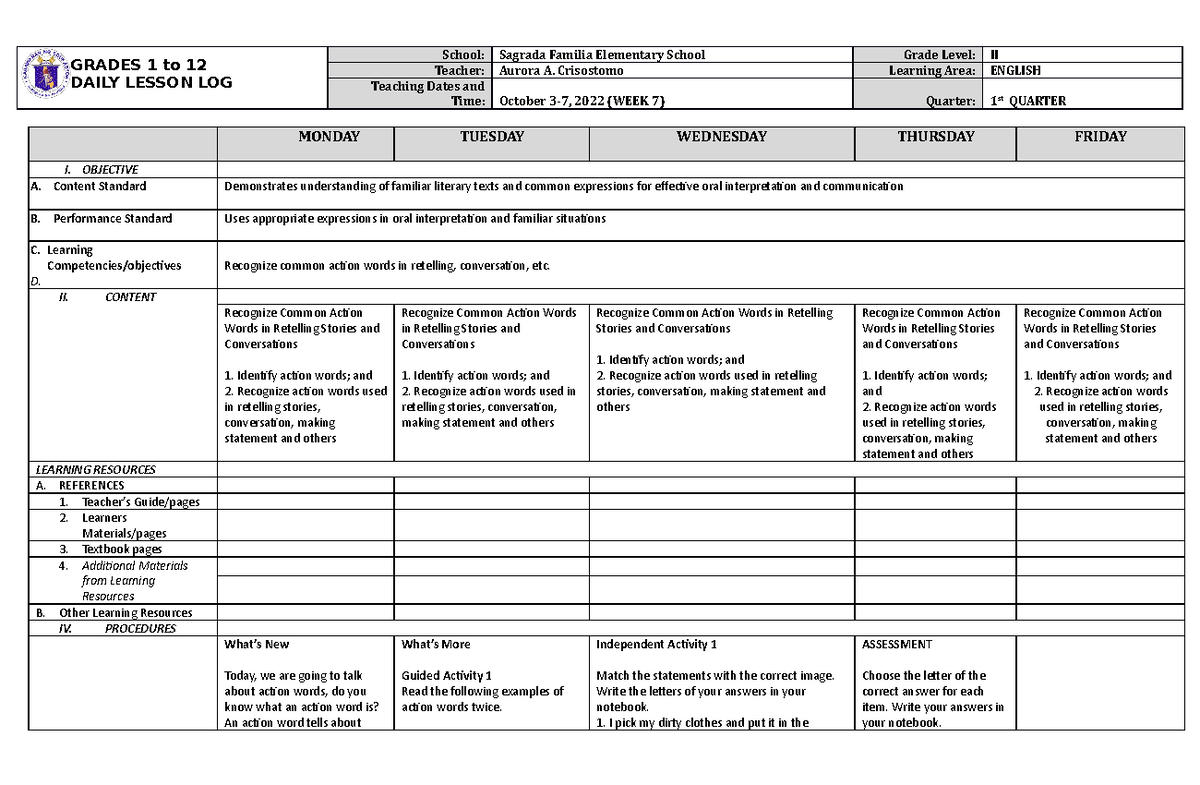 English-2 Q1 W7 - GRADES 1 to 12 DAILY LESSON LOG School: Sagrada ...