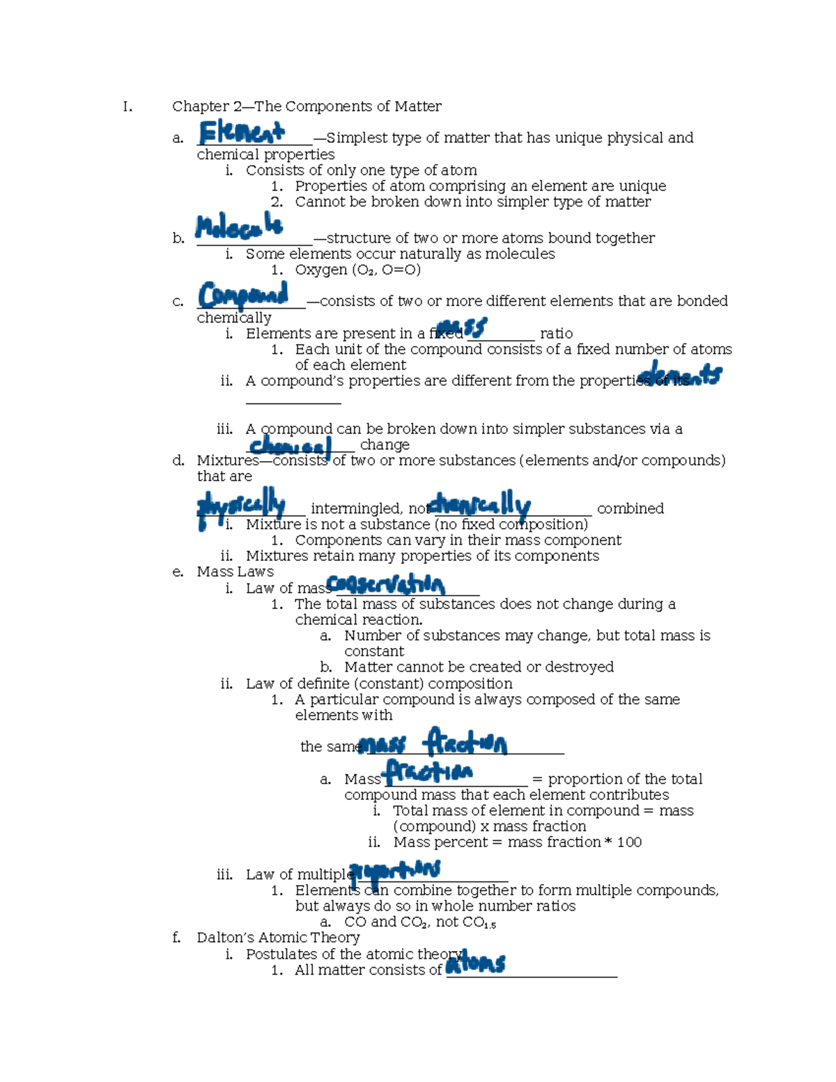 Chapter 2 Outline - I. Chapter 2—The Components of Matter a ...
