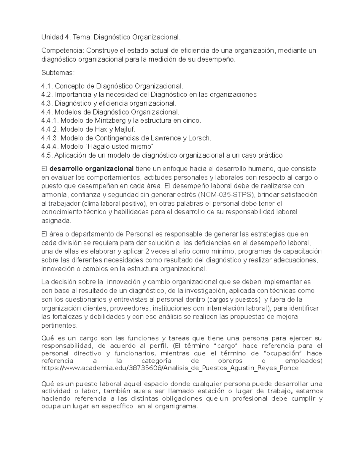 U.4 Diagnóstico Organizacional Contenido - Unidad 4. Tema: Diagnóstico ...