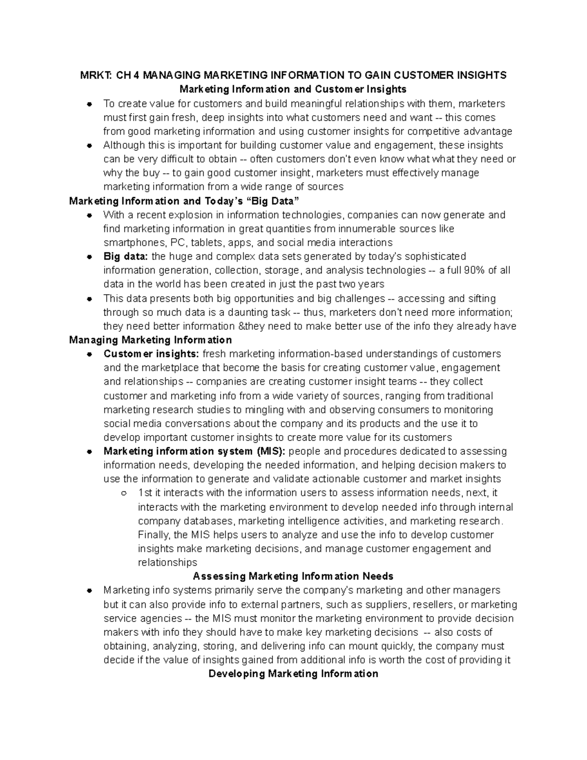MRKT 341 Chapter 4 Notes - MRKT: CH 4 MANAGING MARKETING INFORMATION TO ...
