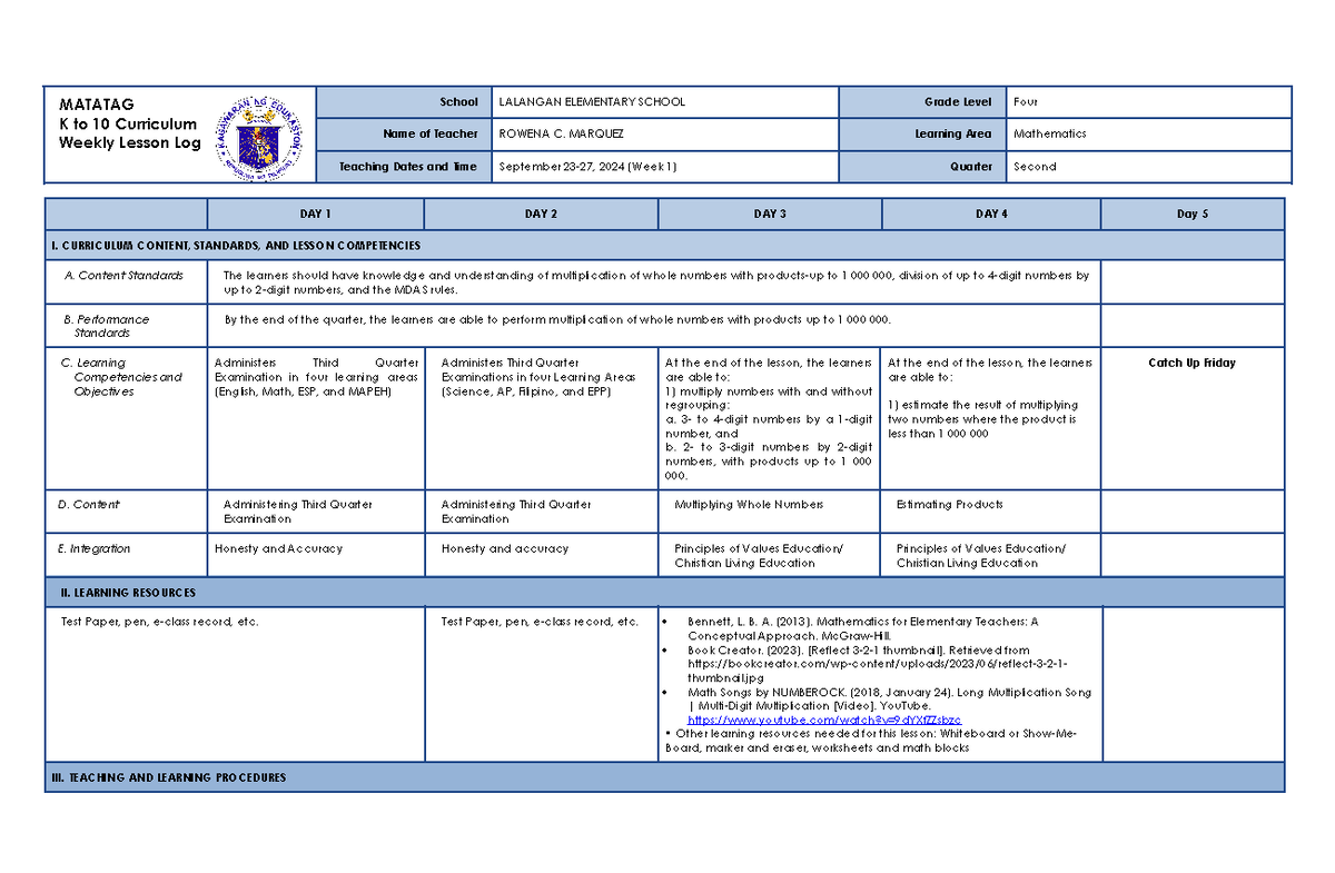MATH4 Q2 W1 DLL - exemplar - MATATAG K to 10 Curriculum Weekly Lesson ...