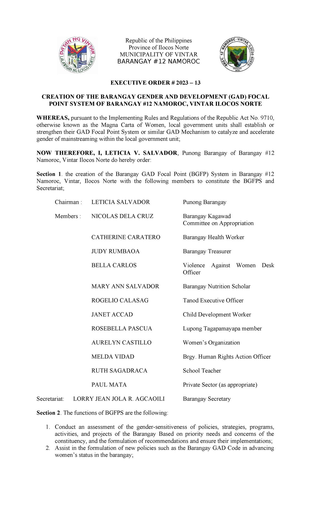 EO 2-23-GAD - Republic of the Philippines Province of Ilocos Norte ...