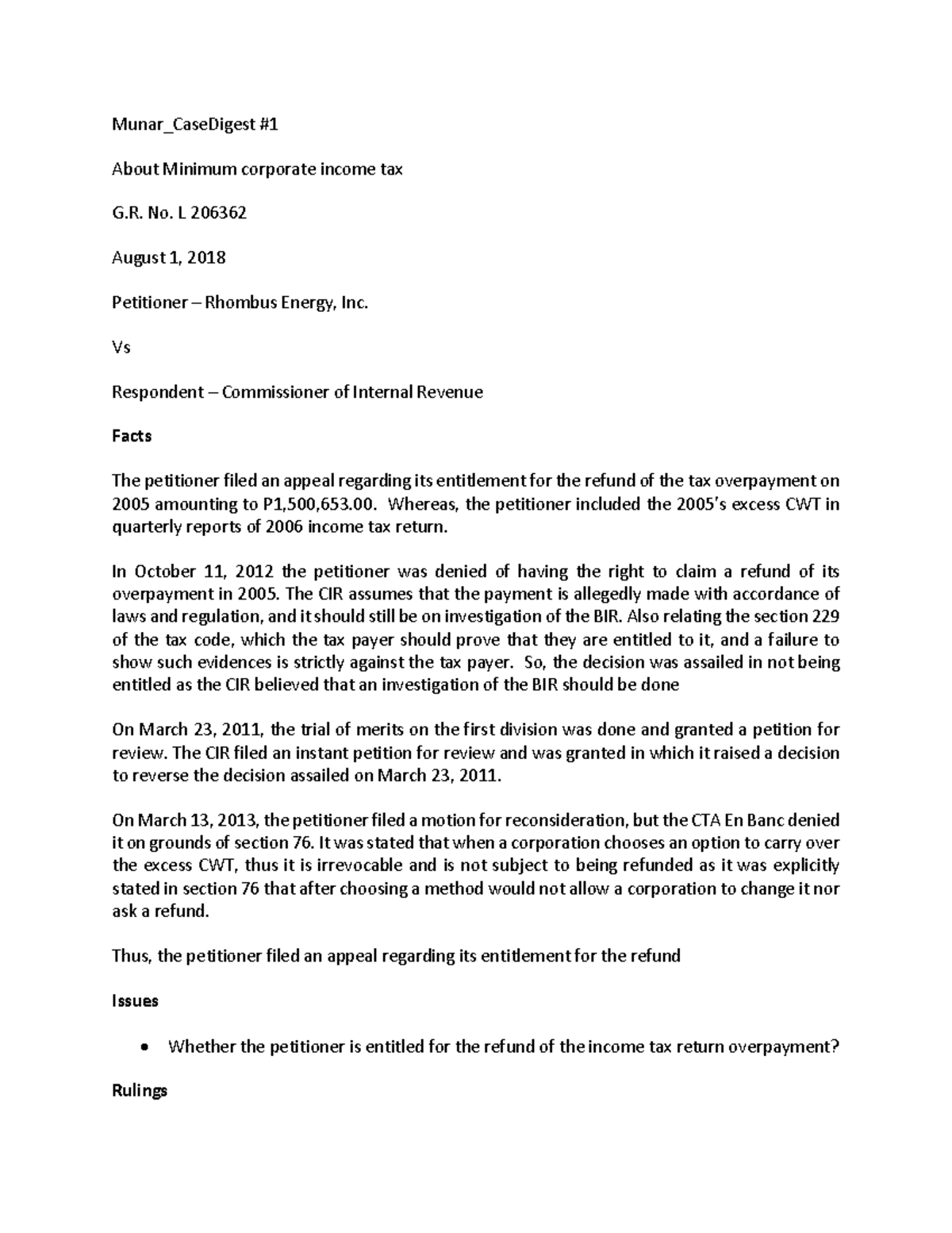 Case digest on Tax Laws - Munar_CaseDigest # About Minimum corporate ...