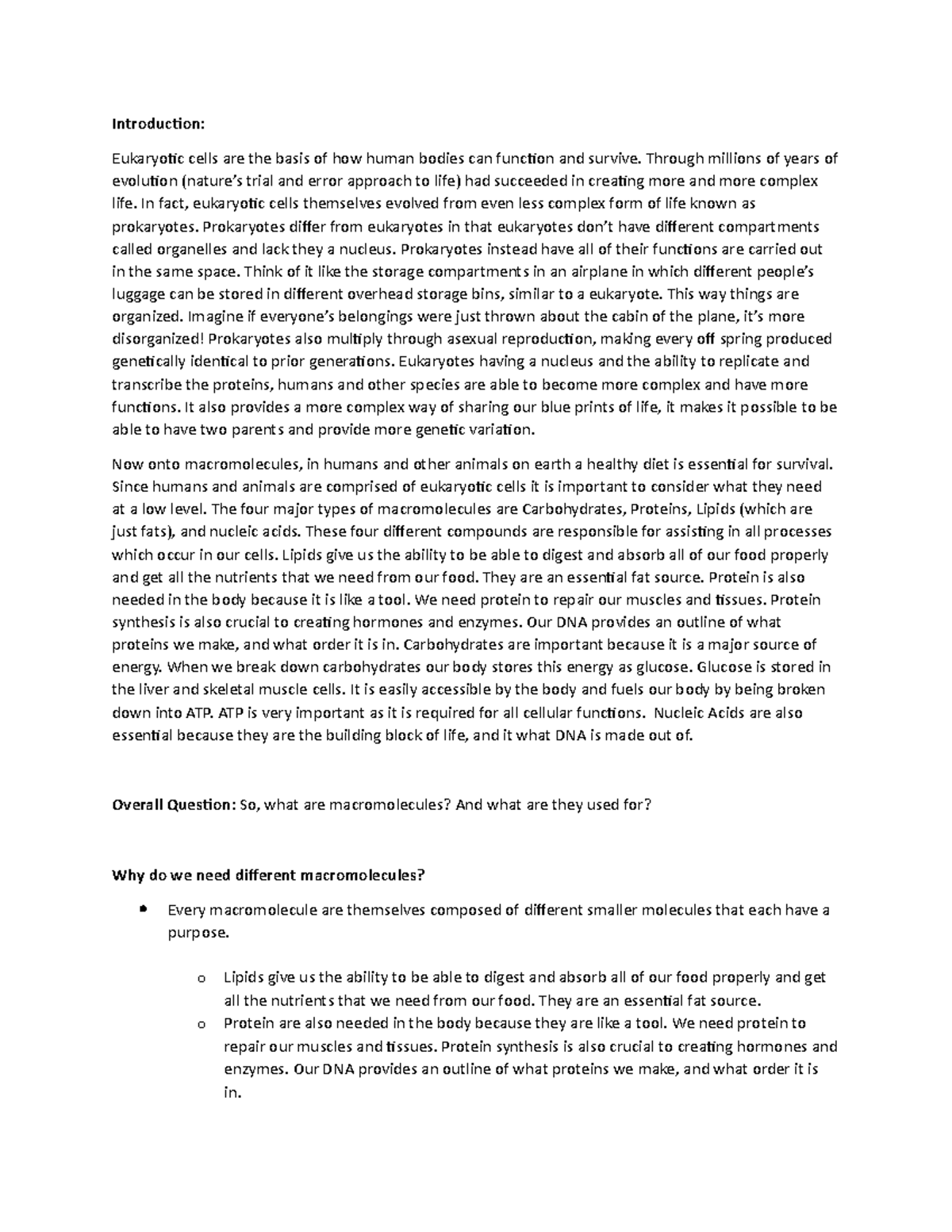 Bio Outline - Introduction: Eukaryotic cells are the basis of how human ...