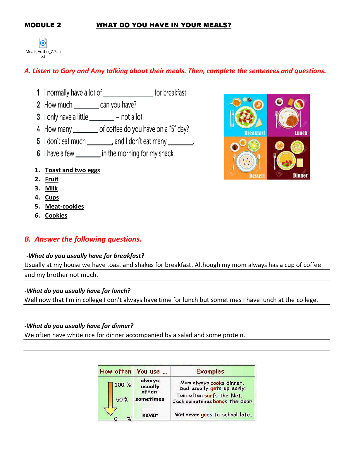 Listening Homework - deber - MODULE 2 WHAT DO YOU HAVE IN YOUR MEALS ...