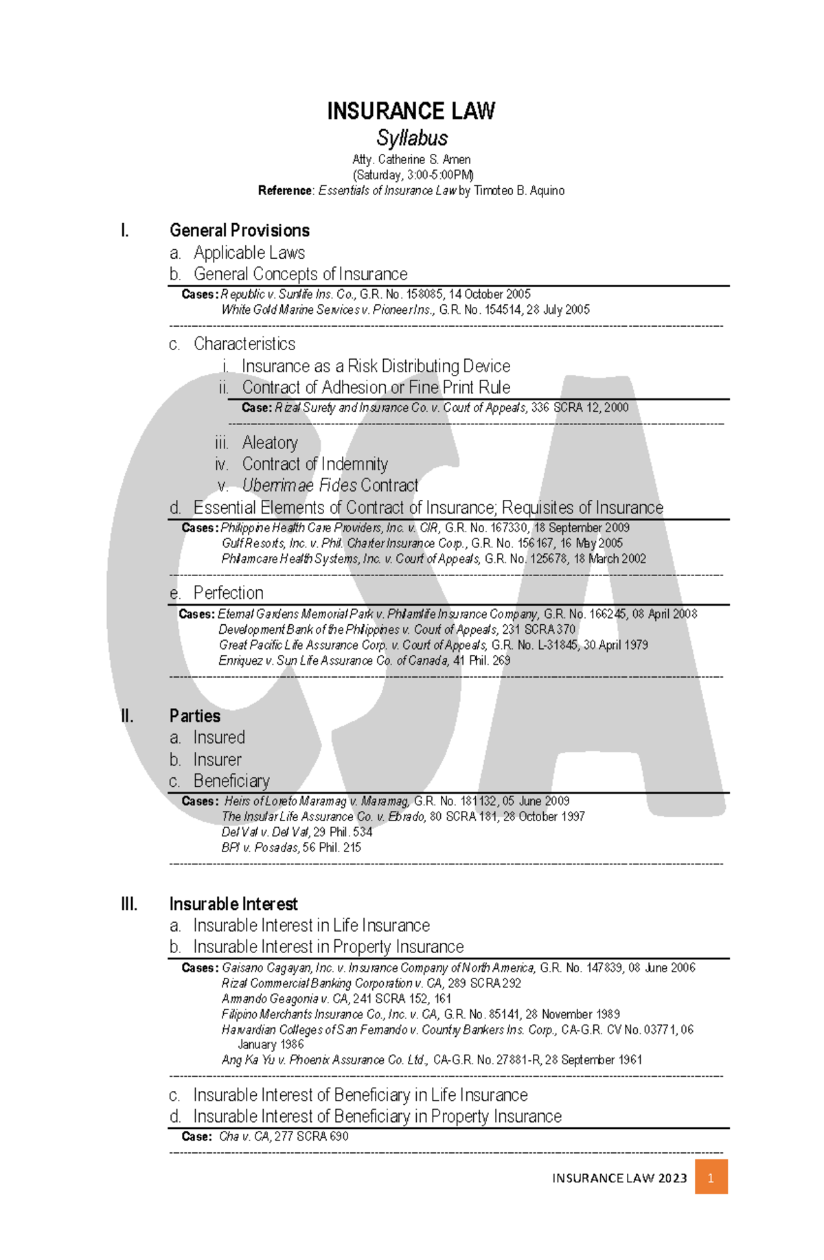 Insurance Law Course Syllabus Sat 3PM 1st sem 23 24 - INSURANCE LAW ...