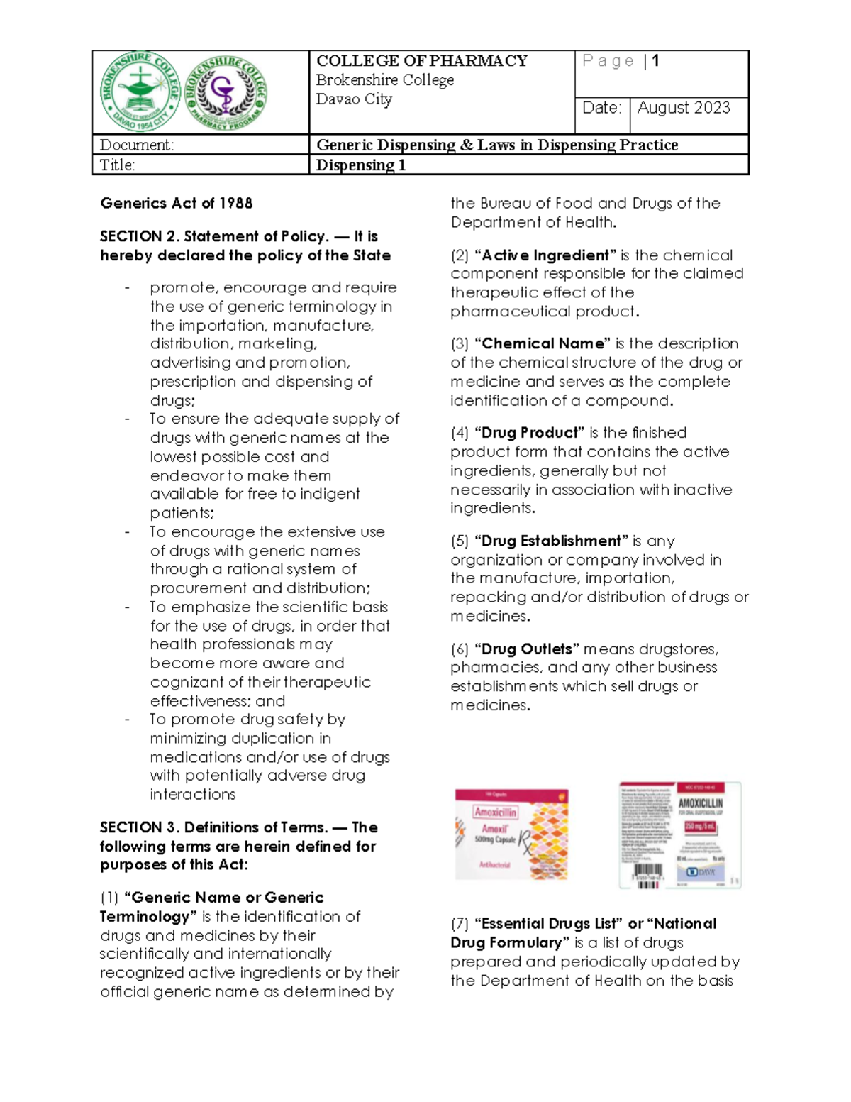 Dispensing 1 Reviewer Study Well! Brokenshire College Davao City