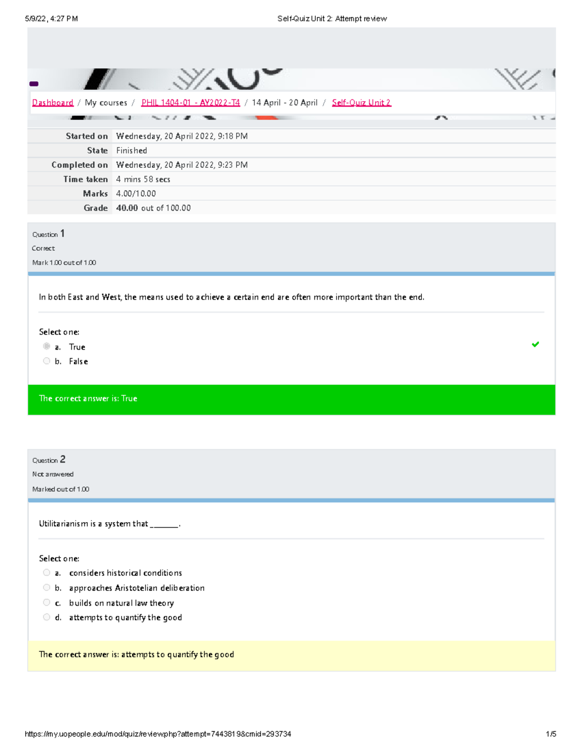 PHIL Self-Quiz Unit 2 Attempt review - Started on Wednesday, 20 April ...