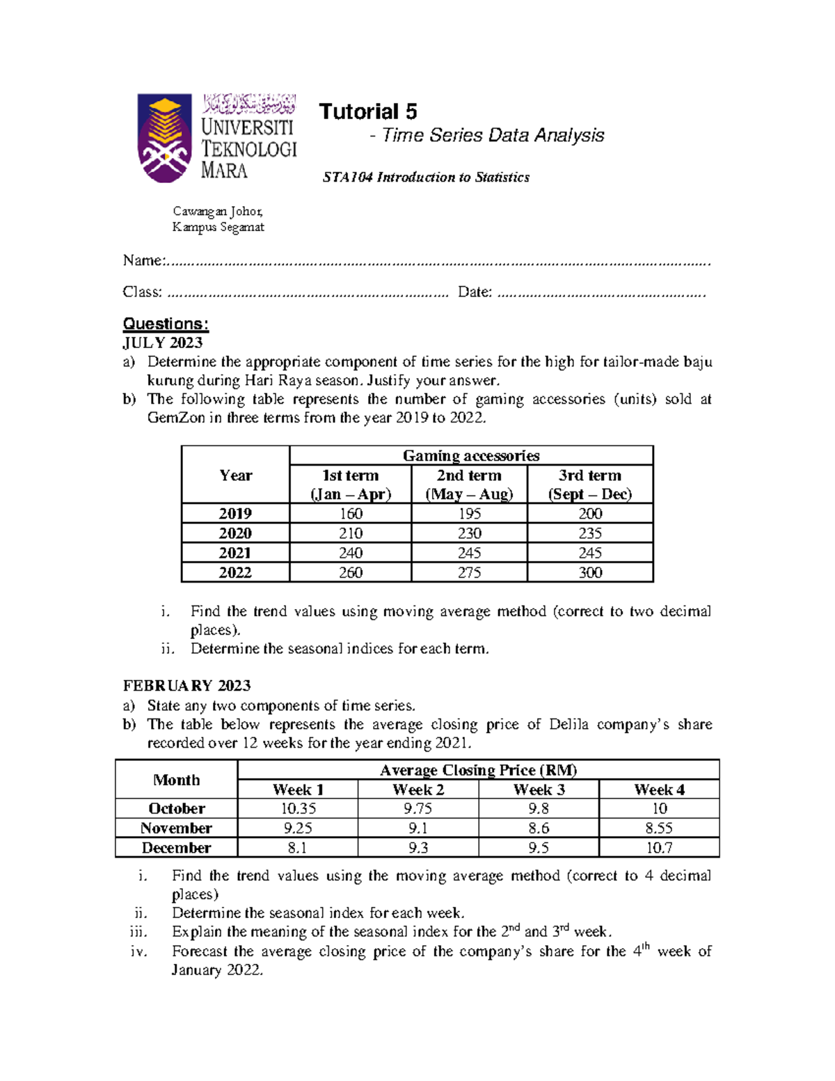 Tutorial 5 - Tutorial 5 - Time Series Data Analysis STA1 04 ...