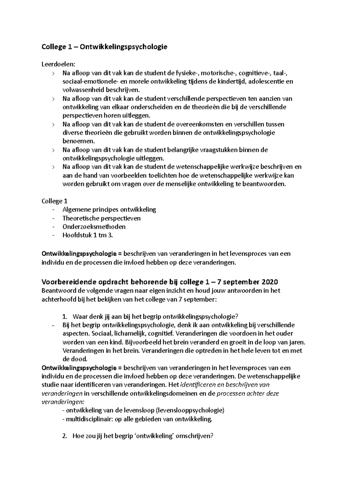 Aantekeningen Ontwikkelingspsychologie Colleges - College 1 ...