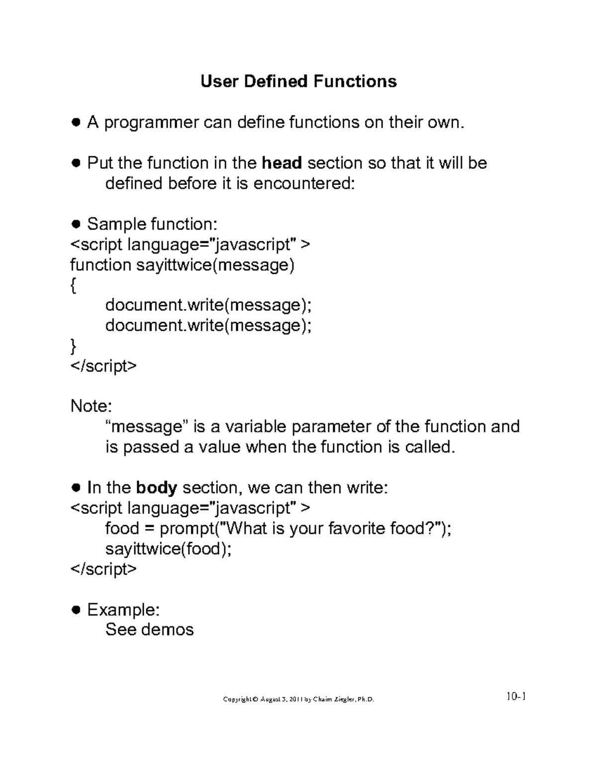 CORC1312 PT10 F11 -User Defined Functions - User Defined Functions ! A ...