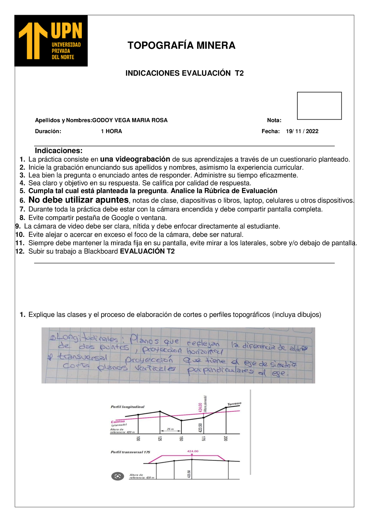 Topografía Minera T2 Trabajo T2 TopografÍa Minera Indicaciones EvaluaciÓn T Apellidos Y 9982