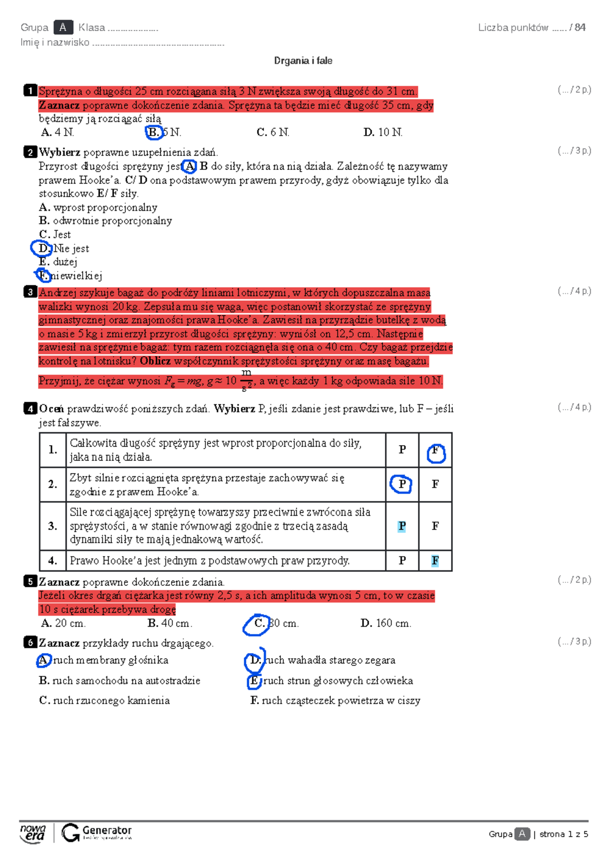 Drgania i fale ODP - Grupa A | strona 1 z 5 Grupa A Klasa