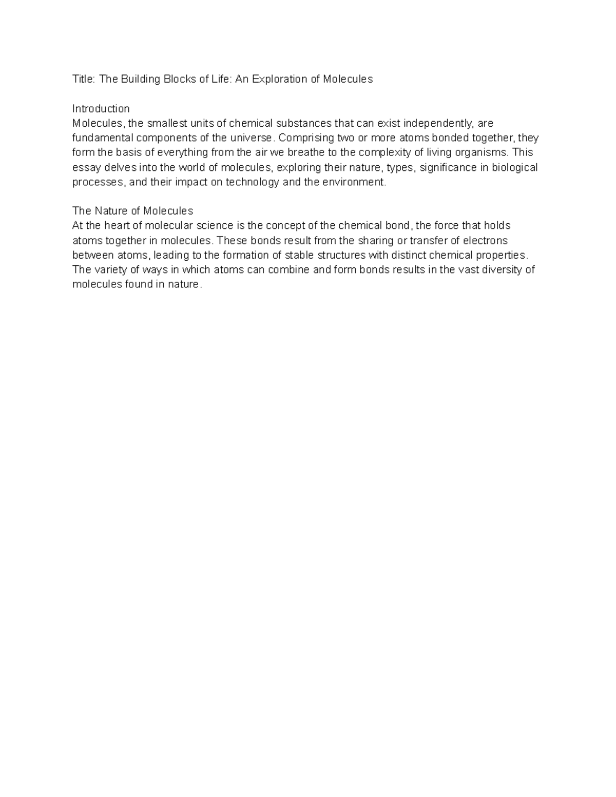 Title The Building Blocks of Life An Exploration of Molecules - Title ...