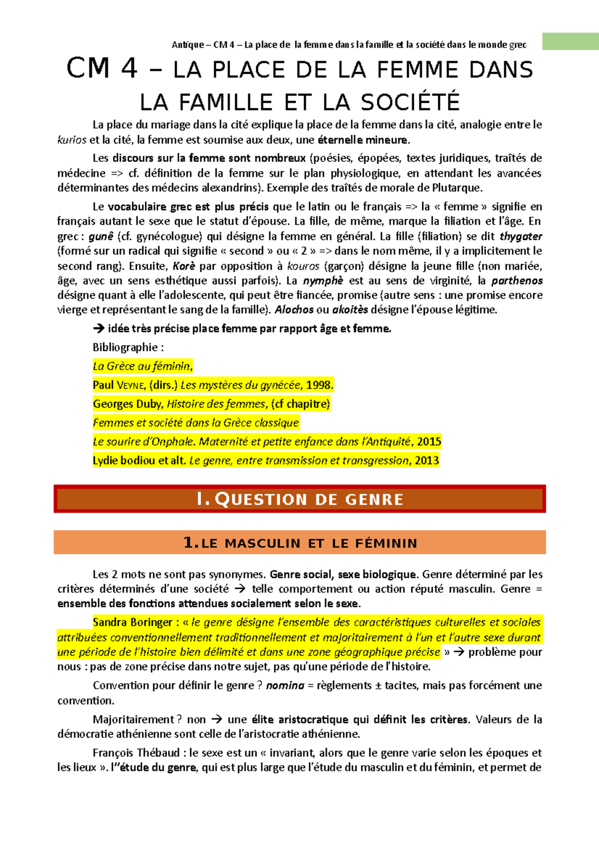 CM 4 - la place de la femme dans la famille et la société Famille et  société dans le monde grec et - Studocu