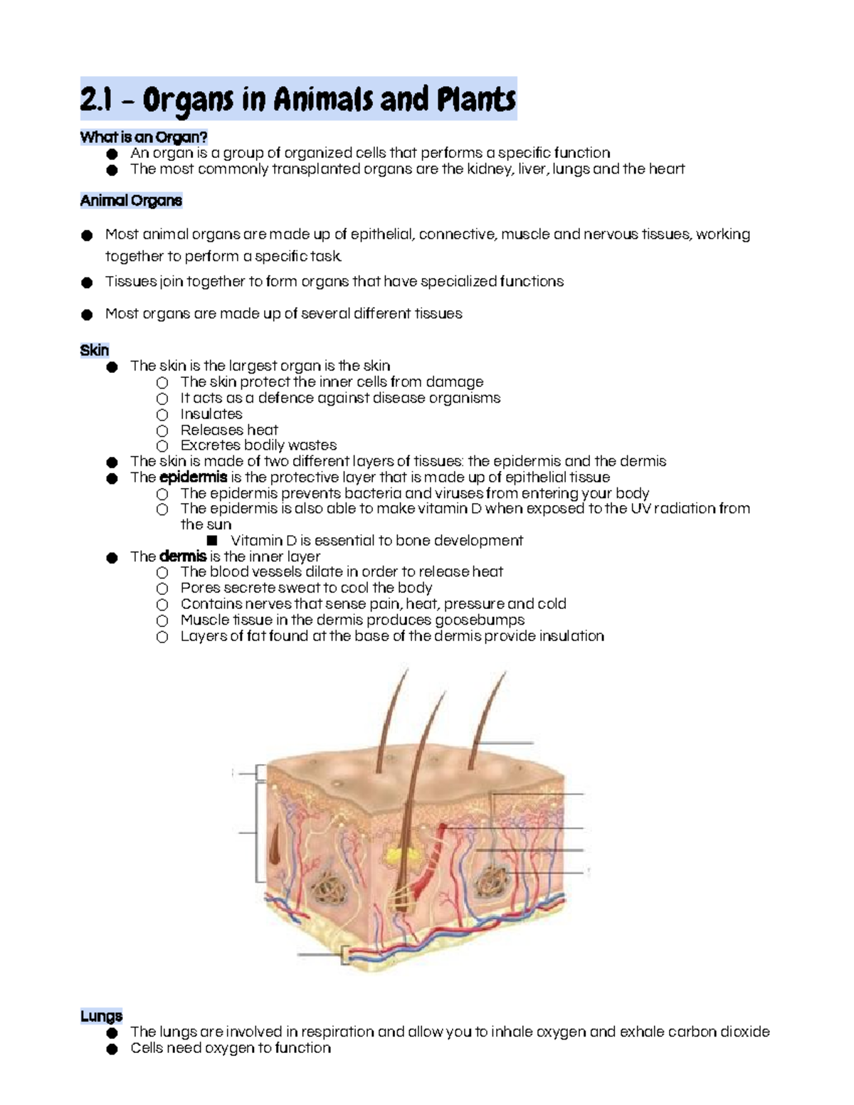 2.1 Notes - Organs in Animals (Pearson Textbook SNC2D Pre-IB) Year 2021 ...