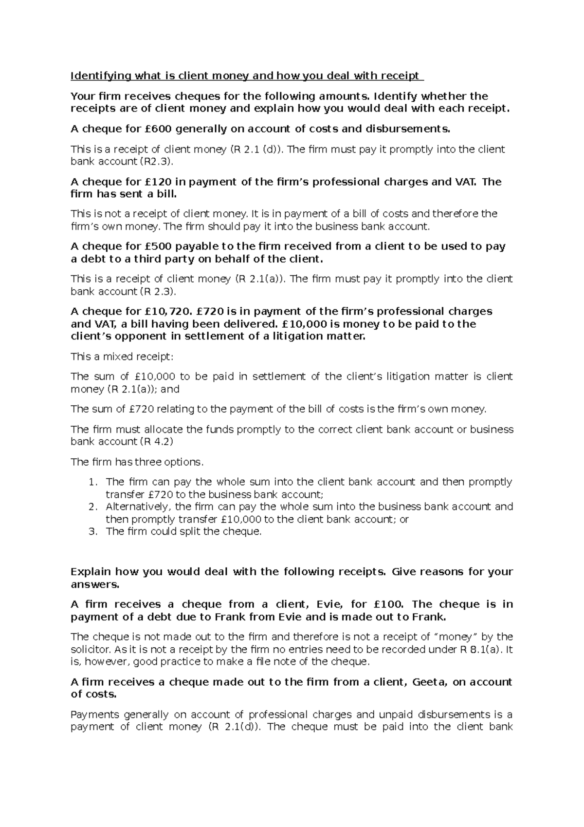 Short Answer Questions for Solicitors Accounts Identifying what is