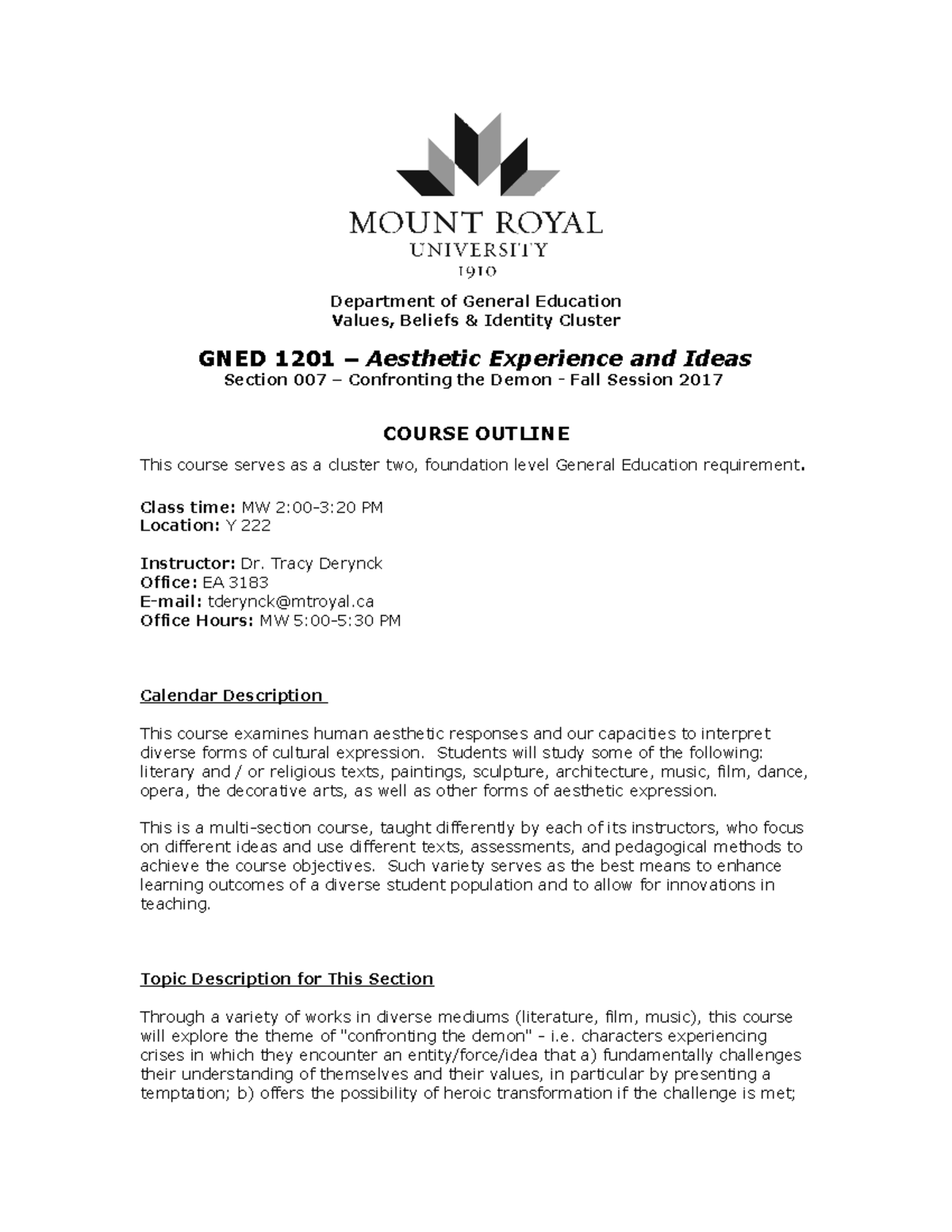 GNED1201 007 F17 Outline - Department of General Education Values ...