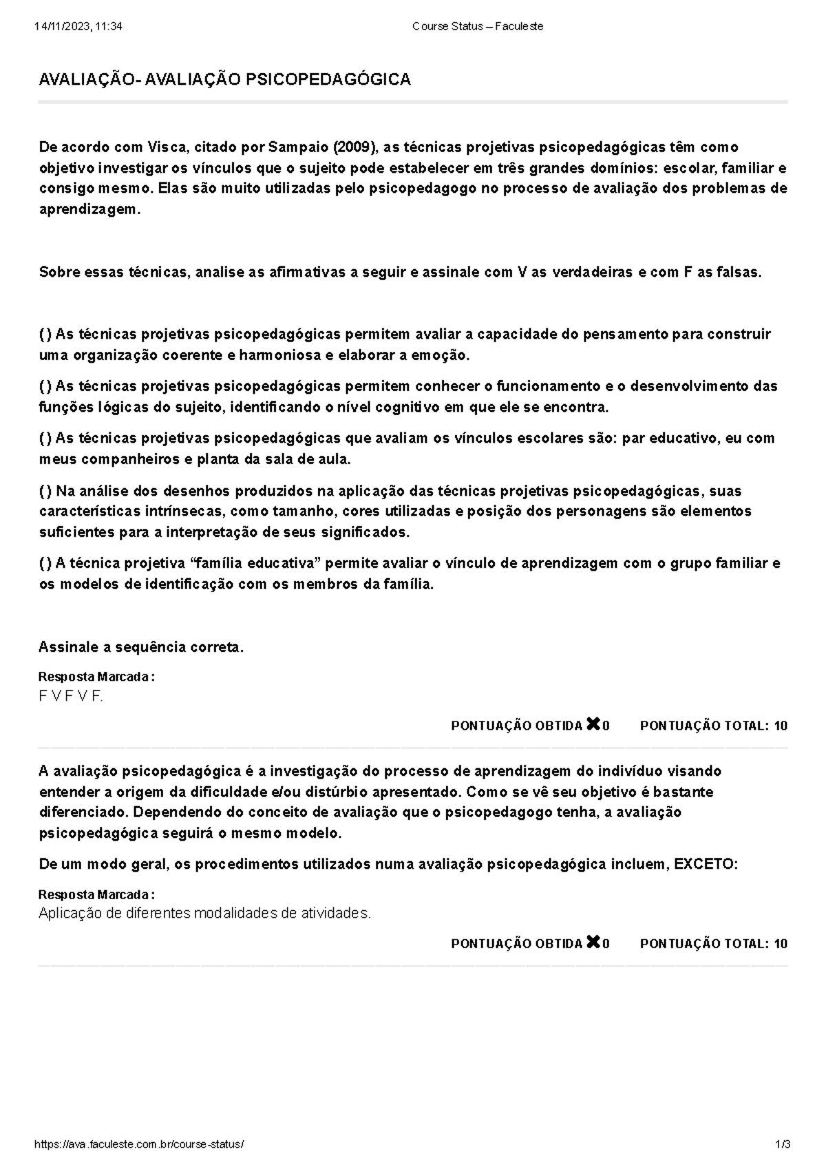 Avaliação- Avaliação Psicopedagógica - 14/11/2023, 11:34 Course Status ...